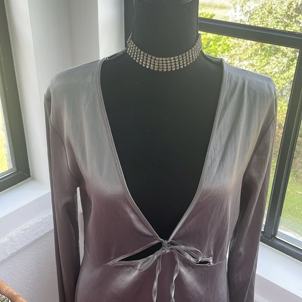 ZARA NWOT Satin Silky Long Sleeve Gray Dress Ties in Front‎ with Cutouts Large